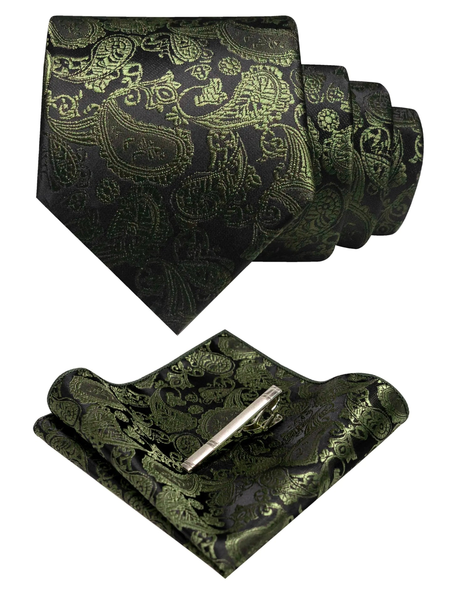 JEMYGINS Mens Olive Green Paisley Necktie and Pocket Square with Tie Clip Sets(30)