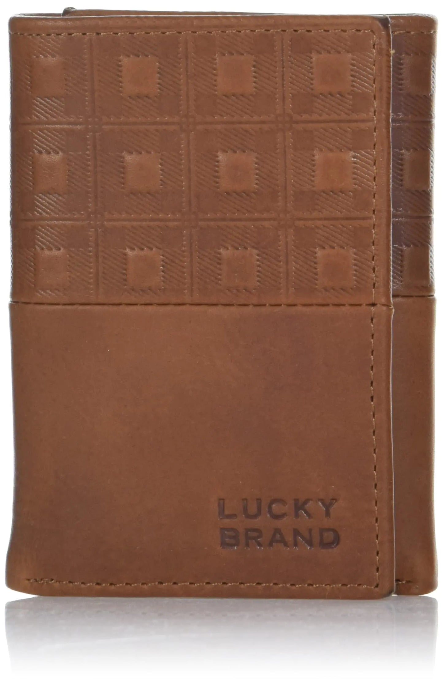 Lucky Brand Mens Trifold and L Wallet Plaid Embossed Leather-Brown Tri-Fold