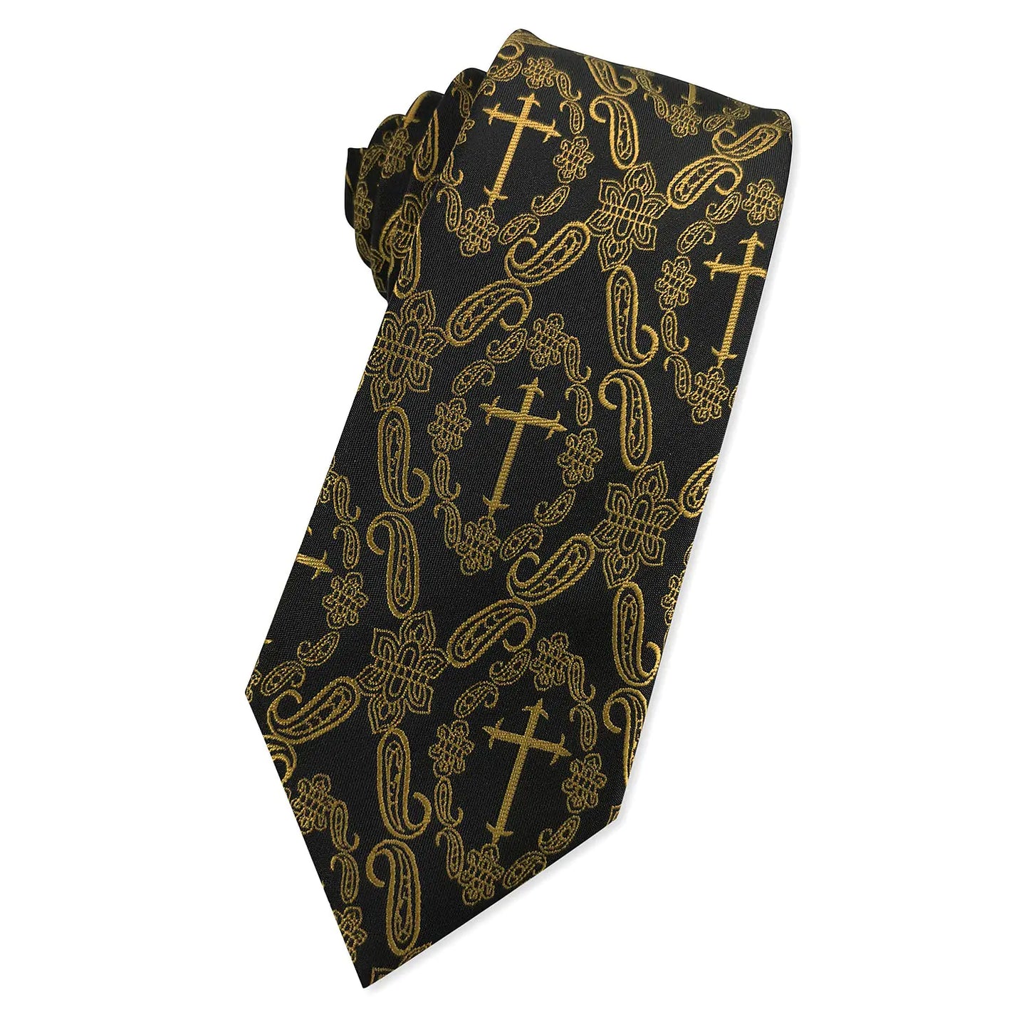 KOOELLE Mens Novelty Religous Necktie Christian Cross & Paisley Tie (Black & Yellow Gold)