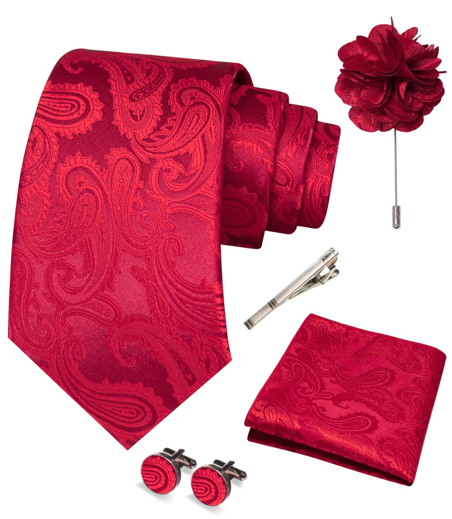 JEMYGINS Mens Red Paisley Tie Necktie and Pocket Square with Lapel PinCufflinksTie Clip Sets 5PCS(19)