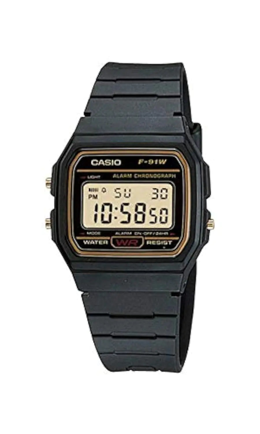Casio F91WG-9 Mens Retro Black Band Gold Face Alarm Chronograph Digital Watch