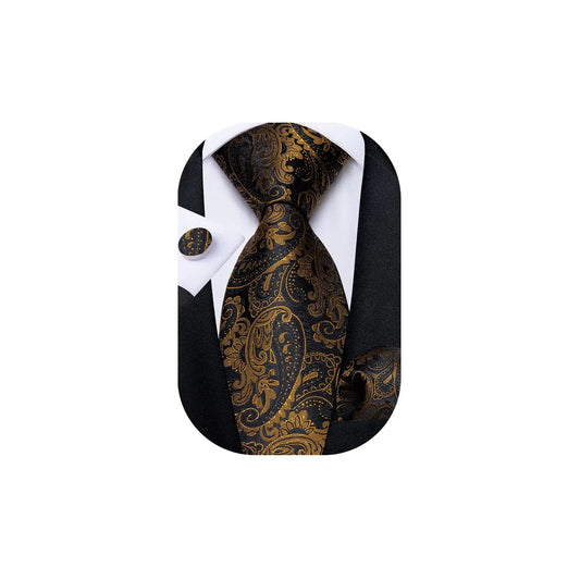 DiBanGu Black Brown Mens Tie Paisley Silk Necktie Set with Pocket Square Cufflinks Formal Ties for Wedding