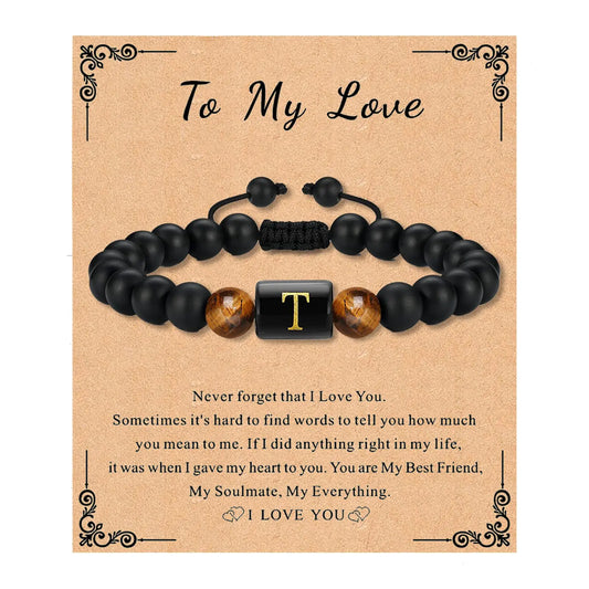 mantoudoss Bead Bracelet for Mens Gifts Black Agate Stone Men Bracelet Initial Bracelet for Men Adjustable Tiger Eye Mens Bracelets Jewelry Anniversary Birthday Christmas Gifts for Him Men