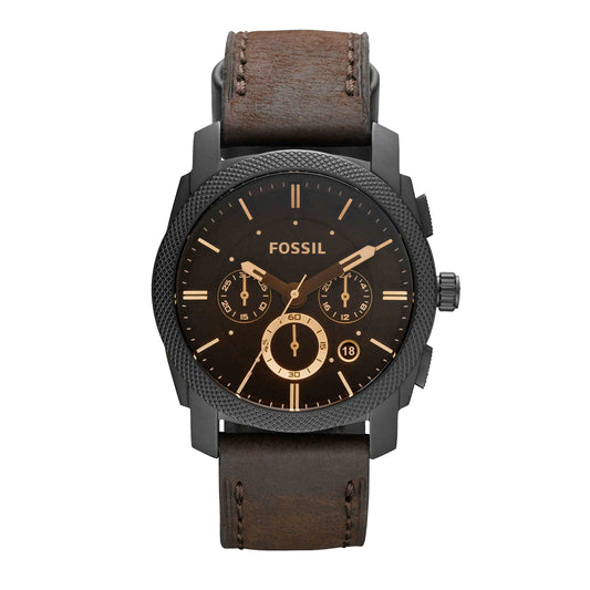 Fossil Mens Machine Quartz Stainless Steel and Leather Chronograph Watch Color: Black Dark Brown (Model: FS4656)