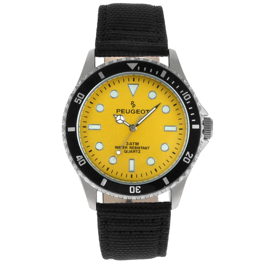 Peugeot Mens Sport Bezel Watch with Yellow Canvas Wrist Band