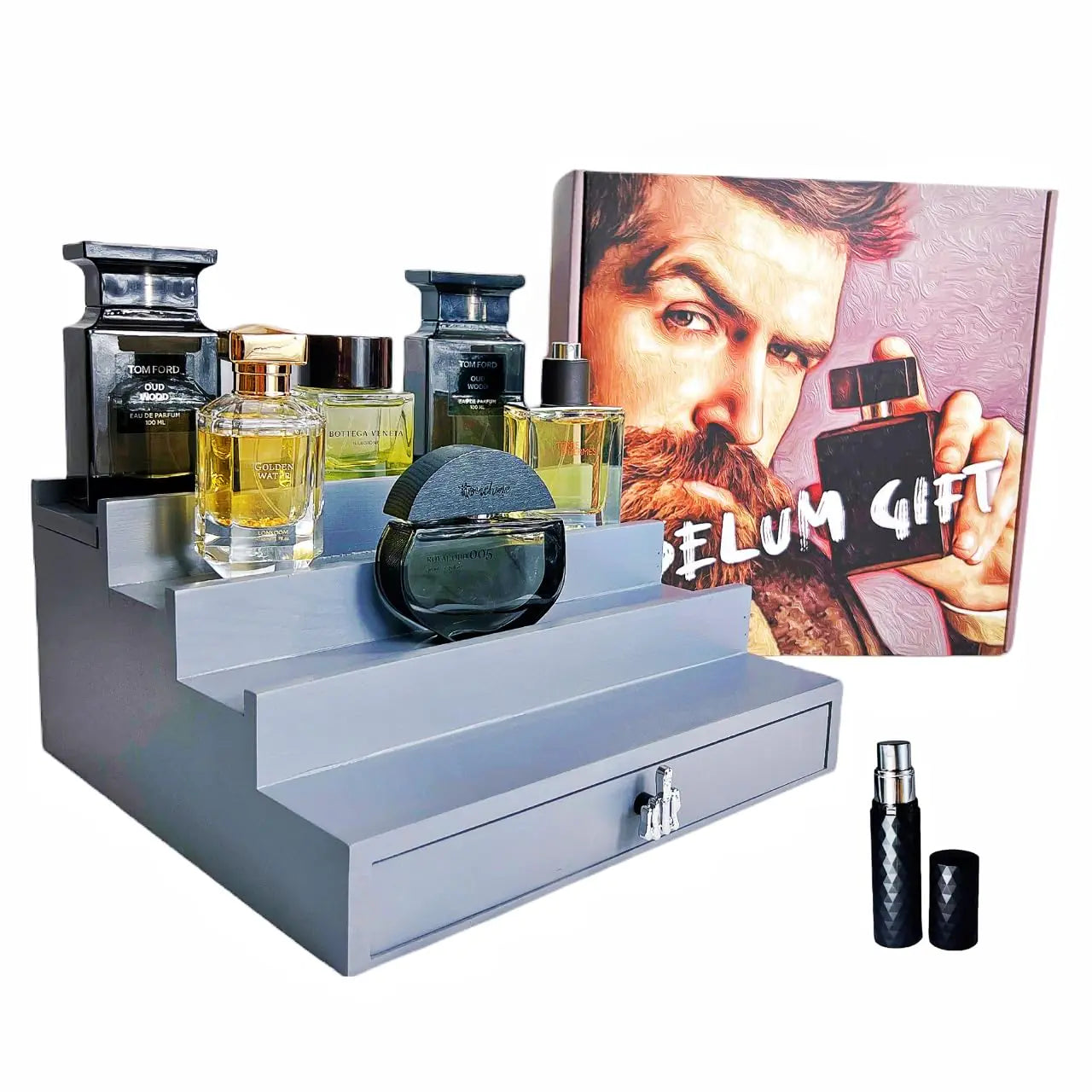 4 Tier Wooden Cologne Organizer For Men Grey | Stylish Gift Box and A Deluxe Cologne Travel Atomizer Refillable | Detachable Pull | Extendable Cologne Display Stand | Mens Room Essential