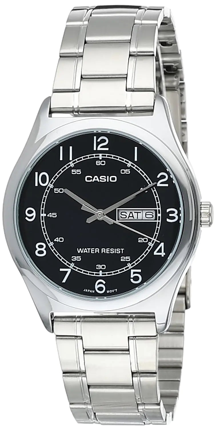 Casio MTP-V006D-1B2 Mens Stainless Steel Easy Reader Black Dial Day Date Analog Dress Watch