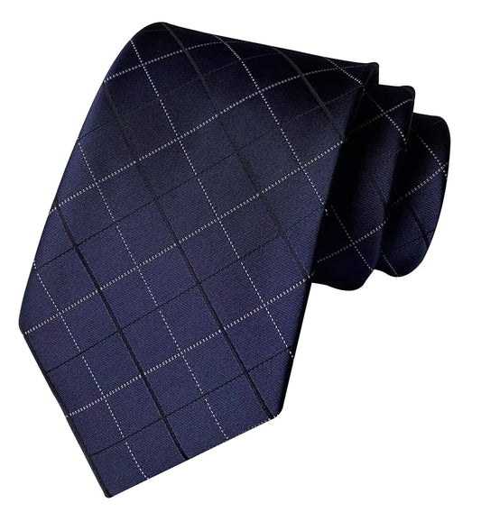 Mens Navy Blue Ties Urban Plaid Checks Patterned Spring Summer Wedding Groom Silk Neckties