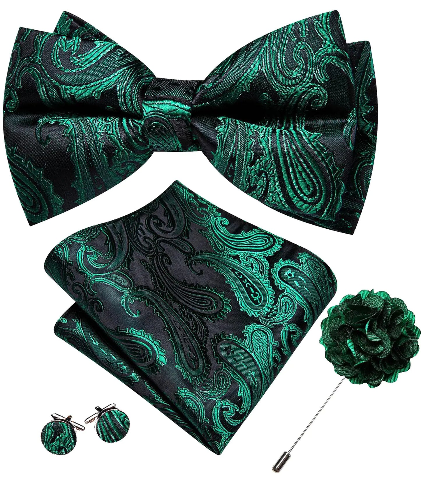 YOHOWA Mens Bow Tie Set Black Green Pre-tied Bowties Adjustable with Handkerchief Cufflinks Wedding Prom Party