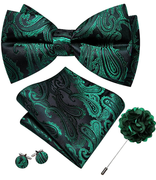 YOHOWA Mens Bow Tie Set Black Green Pre-tied Bowties Adjustable with Handkerchief Cufflinks Wedding Prom Party