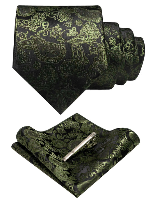 JEMYGINS Mens Olive Green Paisley Necktie and Pocket Square with Tie Clip Sets(30)
