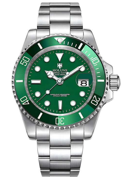 LOREO Luxury Mens Automatic Mechanical Watch 40mm Luminous Sapphire Green Ceramic Bezel Water Resistant Stainless Steel Watches