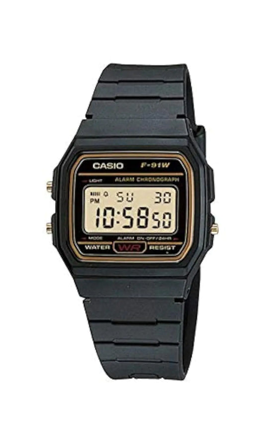 Casio F91WG-9 Mens Retro Black Band Gold Face Alarm Chronograph Digital Watch
