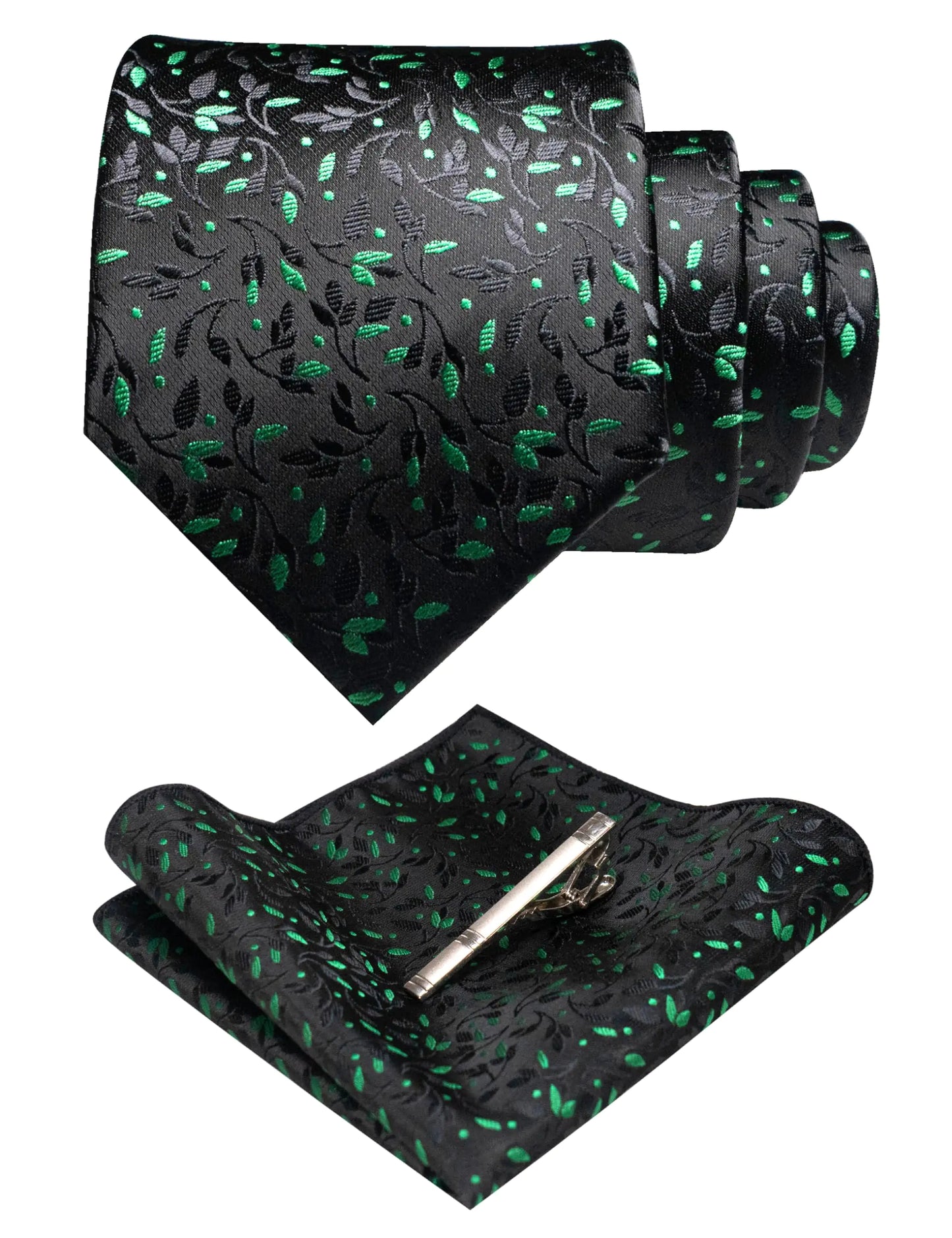 RBOCOTT Mens Green Black Tie and Pocket Square With Tie Clip Set for Business Wedding(16)