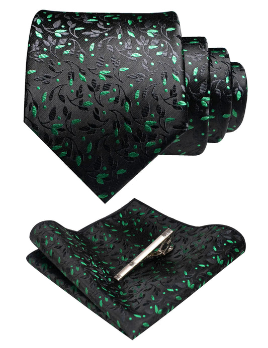 RBOCOTT Mens Green Black Tie and Pocket Square With Tie Clip Set for Business Wedding(16)