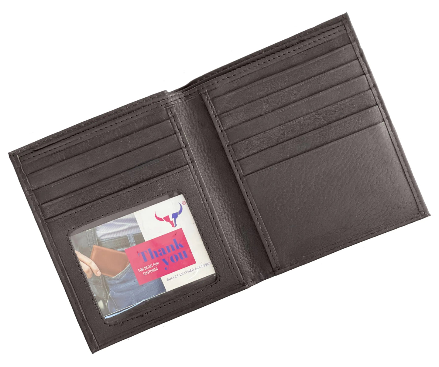 Leather European Bifold Hipster Mens Wallet With Heavy Duty Vinyl Wallet Insert (Brown)