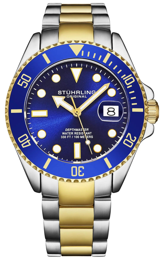 Stuhrling Original Mens Dive Watch Swiss Movement Stainless Steel Blue Dial Stainless Steel Bracelet 100M Water Resistant