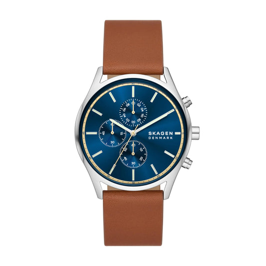 Skagen Mens Holst Chronograph Silver Stainless Steel and Brown Leather Band Watch (Model: SKW6916)