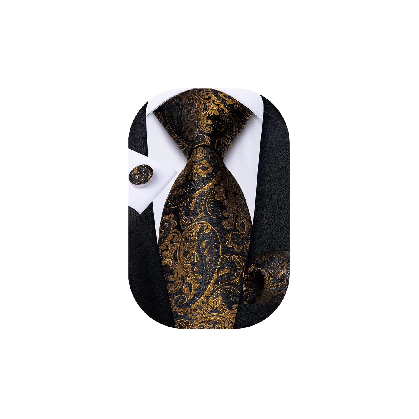 DiBanGu Black Brown Mens Tie Paisley Silk Necktie Set with Pocket Square Cufflinks Formal Ties for Wedding