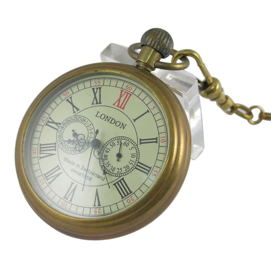 VIGOROSO Mens Vintage Full Copper Hand-Wind Mechanical Second&24hours Sub-dials Pocket Watch in Box