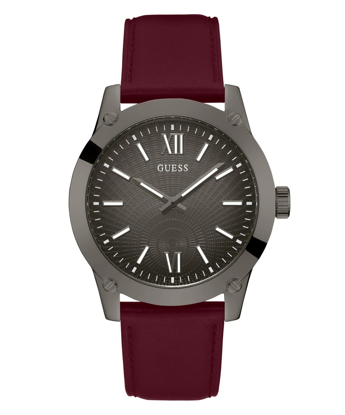 GUESS Mens 44mm Watch - Red Strap Gunmetal Dial Gunmetal Case
