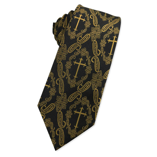 KOOELLE Mens Novelty Religous Necktie Christian Cross & Paisley Tie (Black & Yellow Gold)
